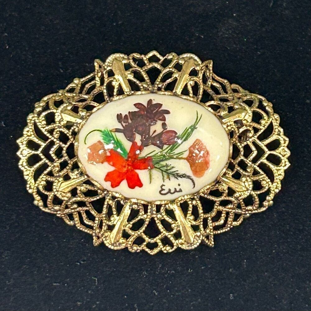 Vtg Filigree Handpainted Porcelain Brooch Pin Gold-tone & Multi Flower Signed